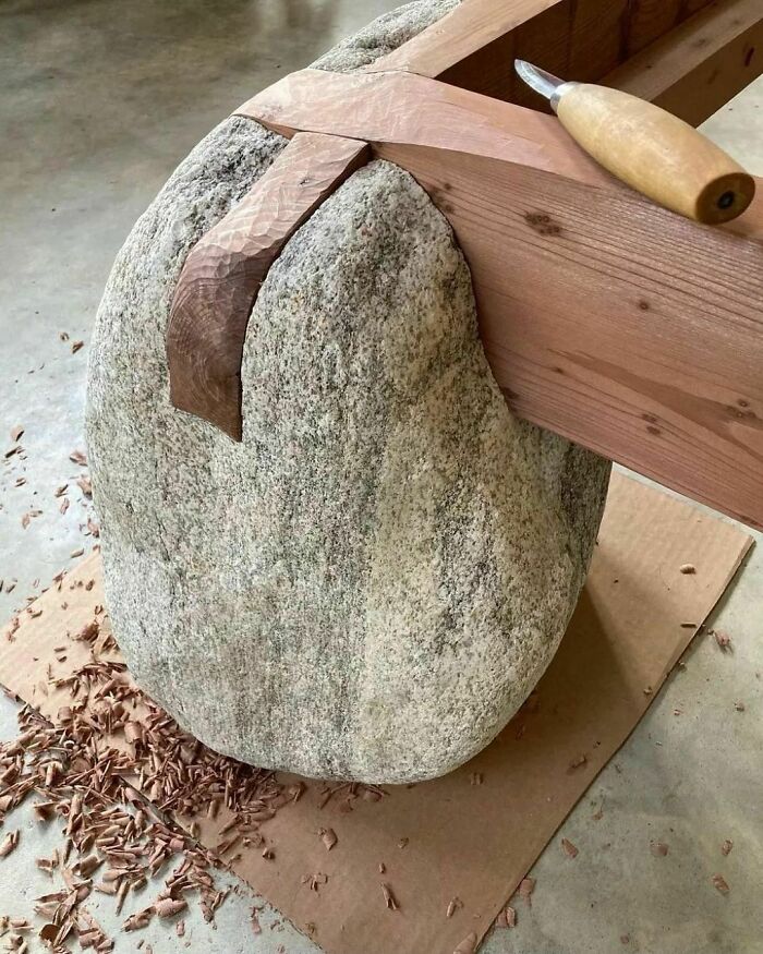 Japanese-Style Platform Bed With White Ash And Hallowed-Out Beach Stone