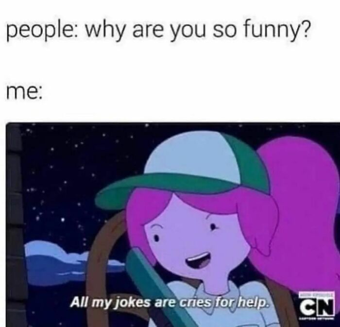 Cartoon character smiling with text: "All my jokes are cries for help," discussing therapy meme humor.