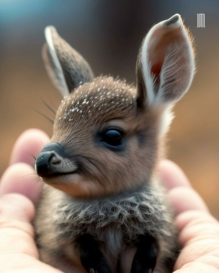 Tiny micro baby animal cradled in hands, showcasing delicate features and soft fur created with AI.