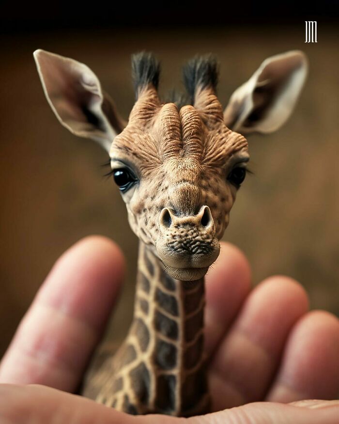 AI-created micro baby giraffe nestled in human hands, showcasing intricate details.