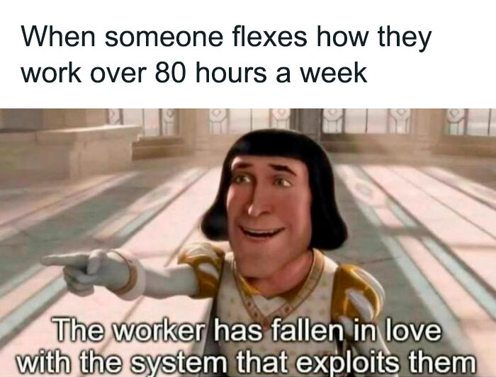 Cartoon character pointing with text highlighting work culture humor, related to "I hate my job" memes.