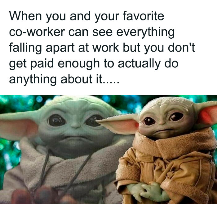 Baby Yoda looking unimpressed with a caption about hating a job, depicting workplace frustration humor.