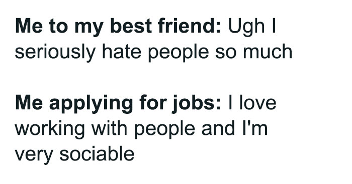 Contrasting statements about social skills in a funny "I hate my job" meme on Instagram.