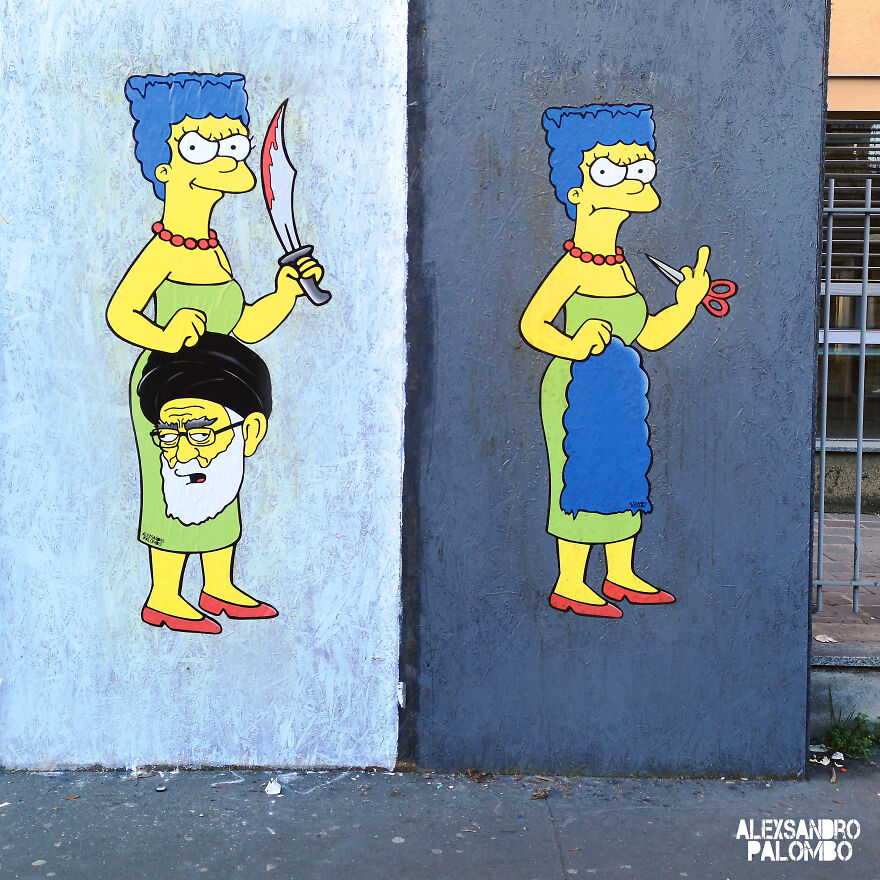 Behind "The Cut" Story Mural Featuring Marge Simpson Supporting The Iranian Protests Which Was Censored In Milan Italy