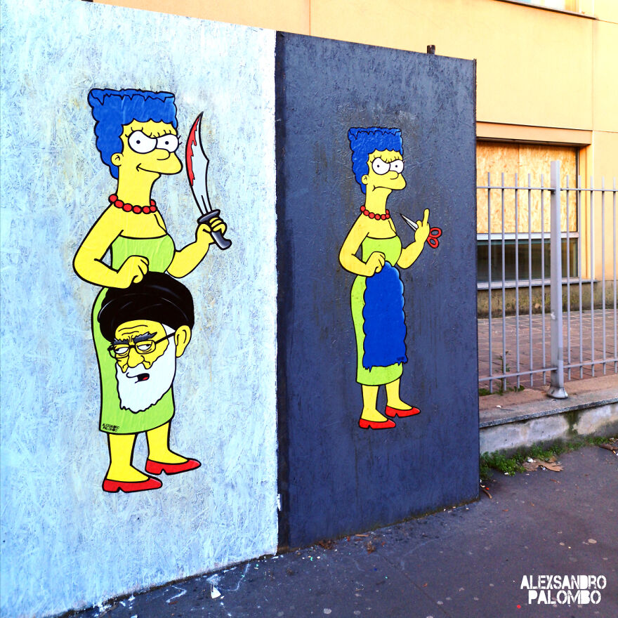Behind "The Cut" Story Mural Featuring Marge Simpson Supporting The Iranian Protests Which Was Censored In Milan Italy