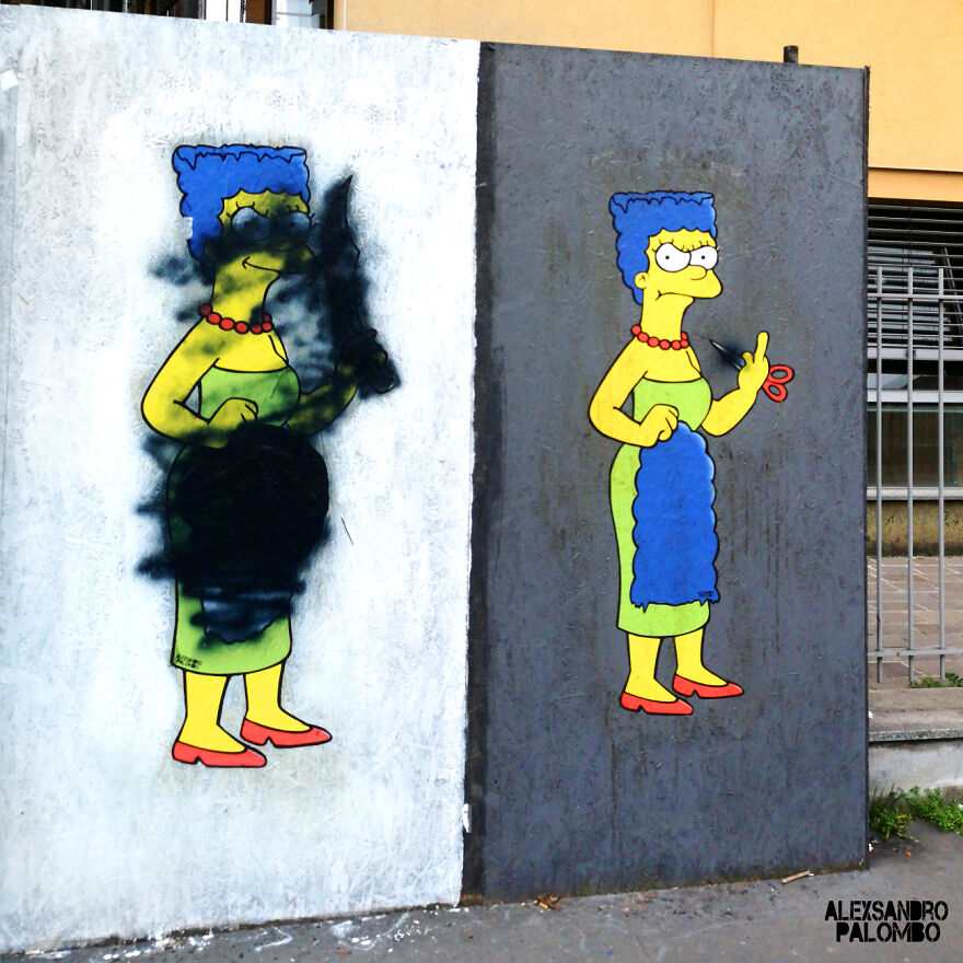 Behind "The Cut" Story Mural Featuring Marge Simpson Supporting The Iranian Protests Which Was Censored In Milan Italy