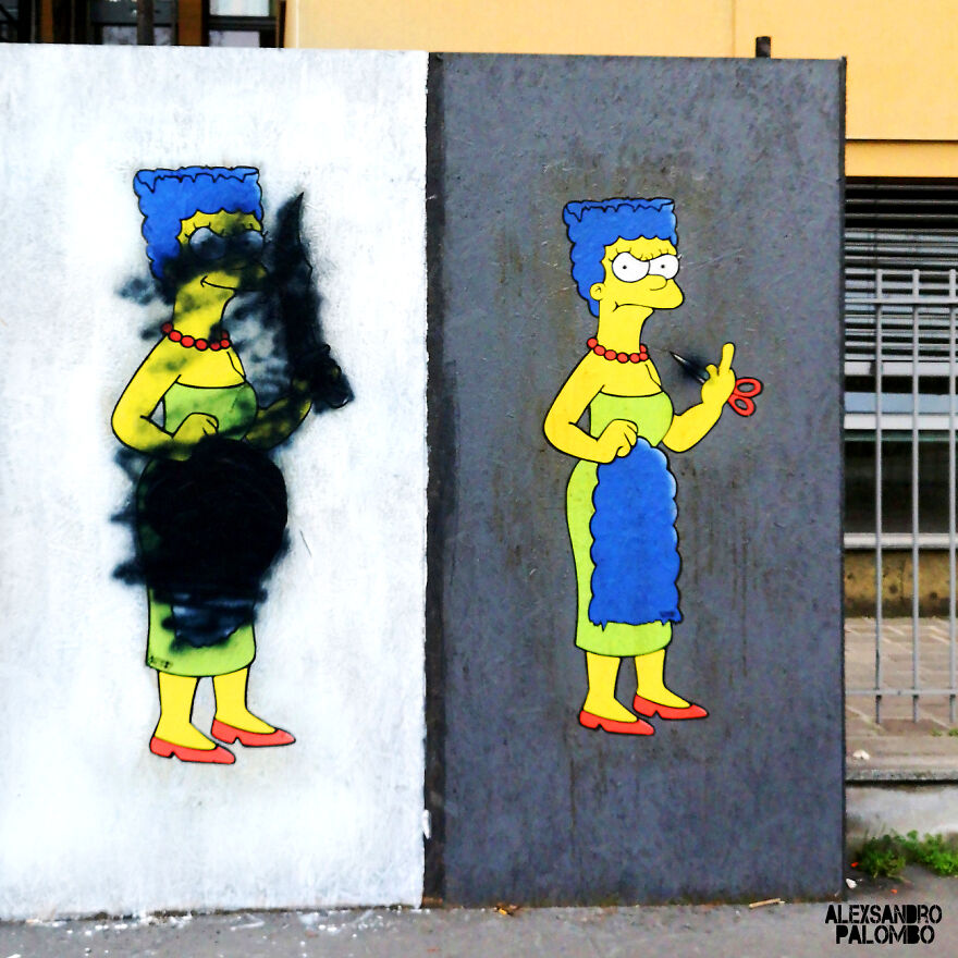 Behind "The Cut" Story Mural Featuring Marge Simpson Supporting The Iranian Protests Which Was Censored In Milan Italy