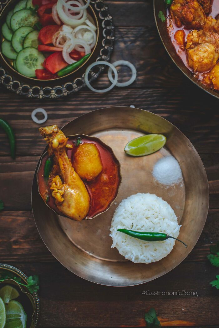 Just Some Sunday Things In Kolkata, India. Steamed Rice And Chicken Curry