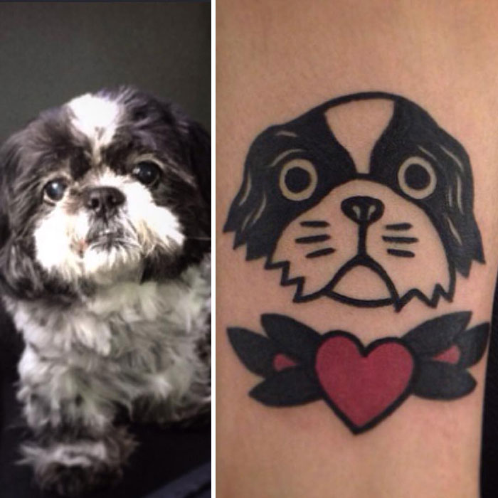 Tattoo artist's unique depiction of a fluffy dog beside the original dog photo, showcasing her creative style.