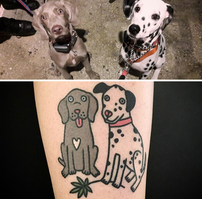 Unique animal tattoo of two dogs inspired by real-life pets, showcasing the artist's creative approach.