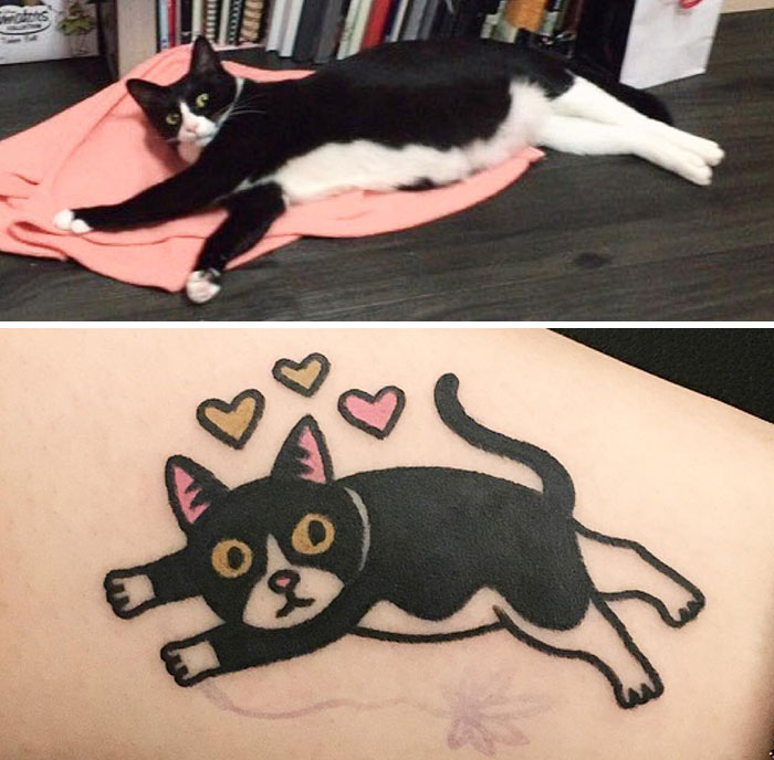 Tattoo artist's unique design of a playful black and white cat with hearts, inspired by a real cat.