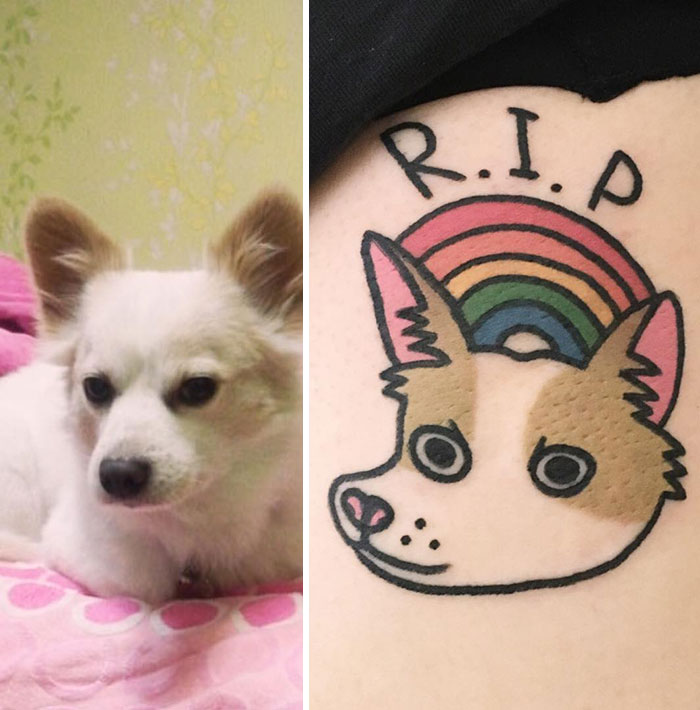 Unique tattoo of a dog's face with rainbow, beside a photo of the real dog, showcasing creative animal representation.