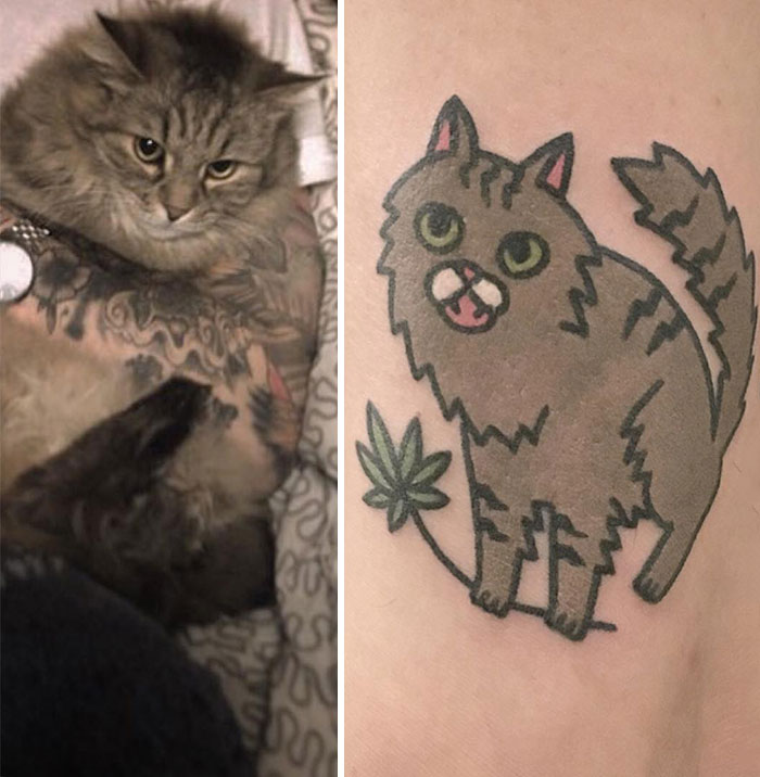 Tattoo of a cartoon cat inspired by real pet, showcasing a unique approach to representing animals and toys.