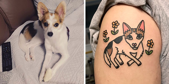 Unique animal tattoo featuring a dog and flowers next to living dog on a sofa.