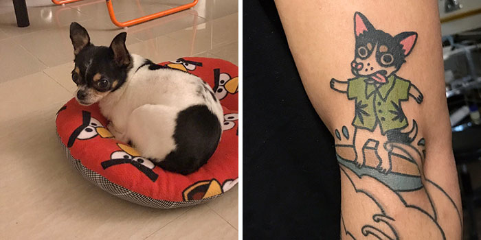 Unique tattoo art featuring a small dog depicted with a fun and playful design on a person's arm.