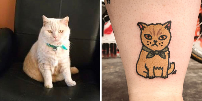 Tattoo artist's unique cat tattoo beside a photo of a real cat, highlighting her distinctive animal representation.
