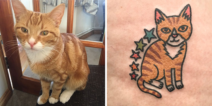 Unique tattoo of an orange cat with stars beside a real cat, showcasing the artist's creative representation of animals.