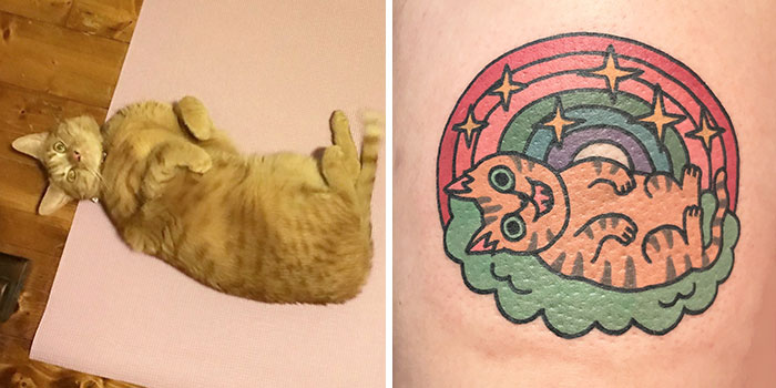 Unique tattoo art depicting a playful cat with a rainbow, inspired by a real-life cat's pose on a mat.