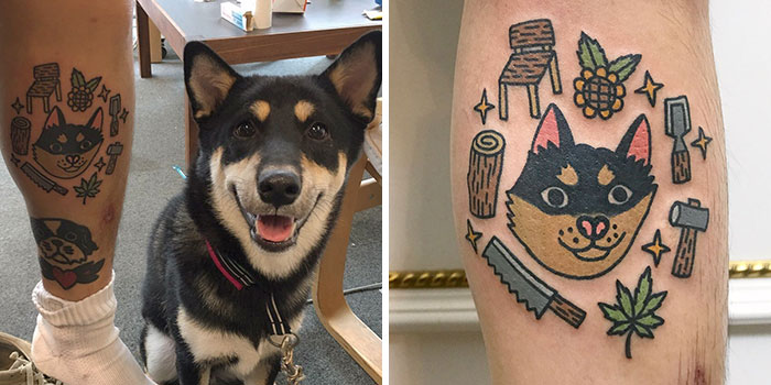 Unique tattoo depicting a dog's face, surrounded by playful elements like a chair, leaf, and log with bold colors.