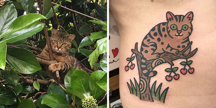 Unique tattoo featuring a cat on a tree branch, inspired by realistic animal depiction.