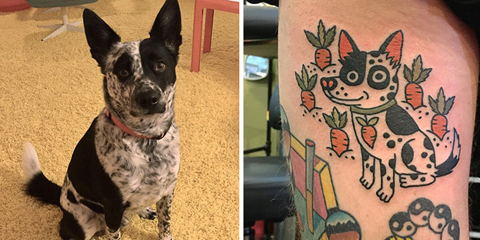 Tattoo of a playful cartoon dog with carrots, showing unique representation of animals and toys.