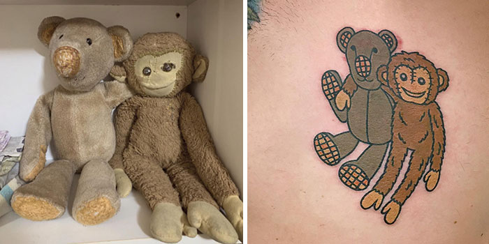 Tattoo artist's unique design of toys: a teddy bear and a monkey side by side.