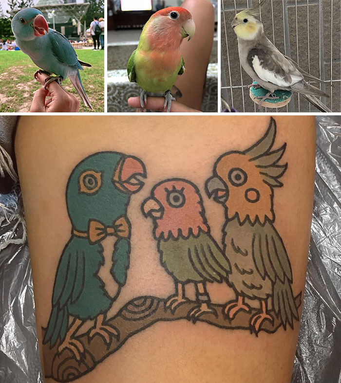 Tattoo artist's unique design of colorful birds, inspired by real pet parrots.