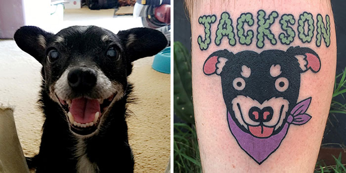 Tattoo of a smiling black dog with "Jackson" text, showcasing unique animal art style.