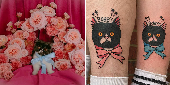 Unique tattoo art of a black cat named Bobby with blue and pink bows, inspired by a floral and cat photo.