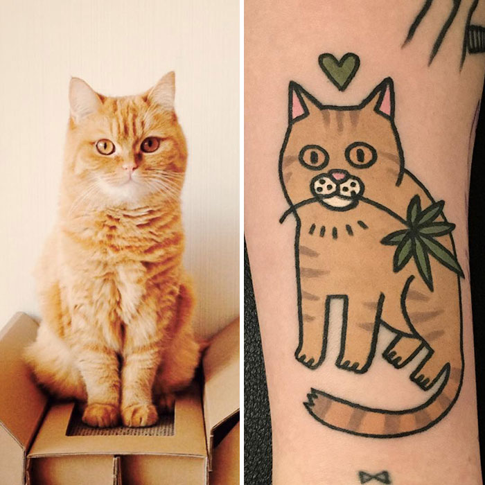Tattoo artist's unique cat representation on skin alongside photo of actual ginger cat.