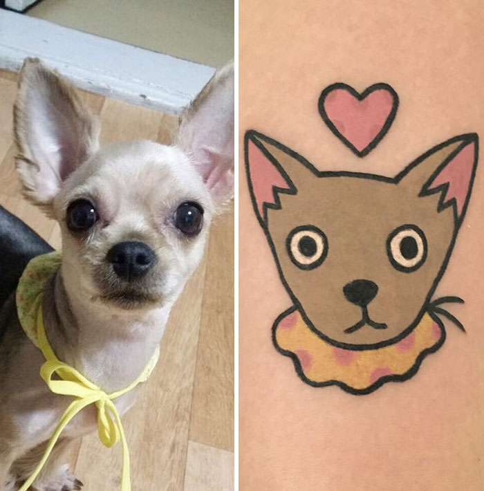 Unique tattoo artist designs animal-themed tattoo next to a dog's photo, showcasing a creative representation.