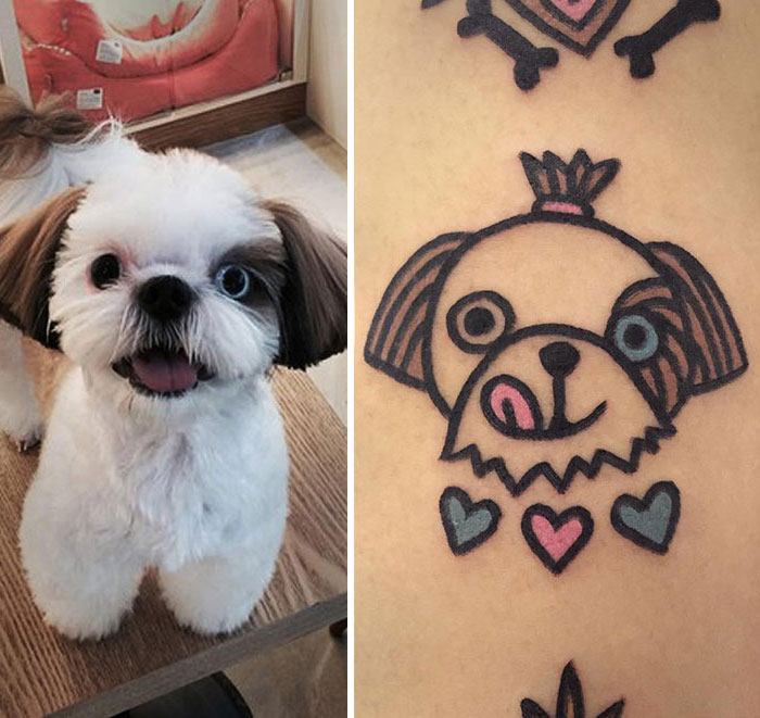 Tattoo artist's unique design of a dog next to a real dog, showcasing her approach to representing animals.