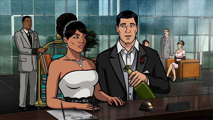 Cartoon couple dressed elegantly, standing at a reception desk, with a man holding a champagne bottle.