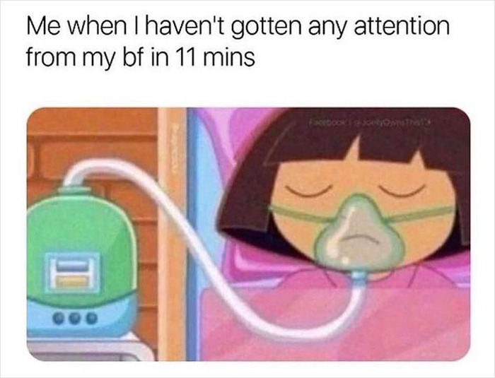 Cartoon character with oxygen mask highlighting humorous life with a boyfriend scenario.