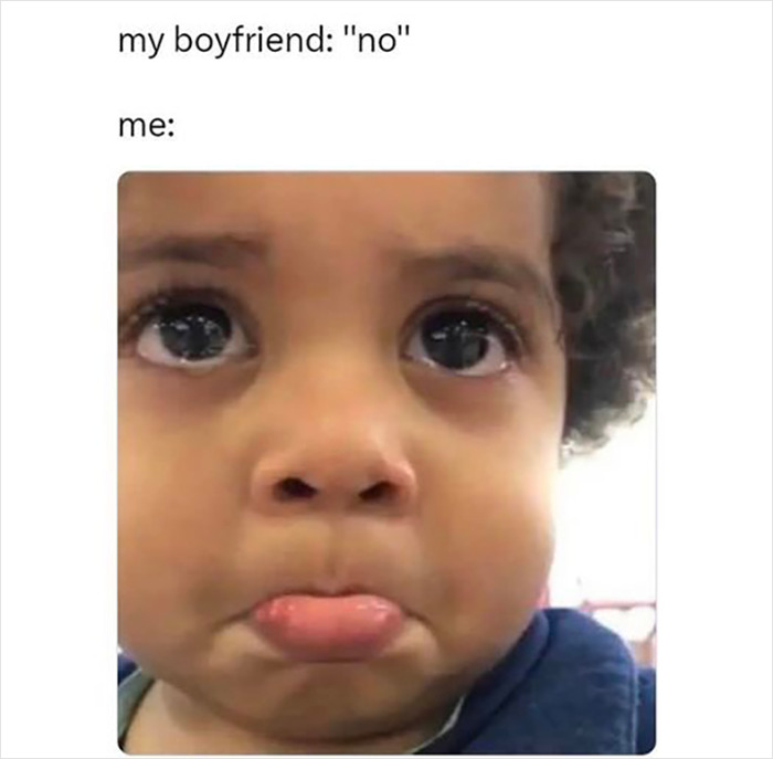 Sad child with pouty lips reacting humorously to boyfriend's "no" response, illustrating life with a boyfriend.