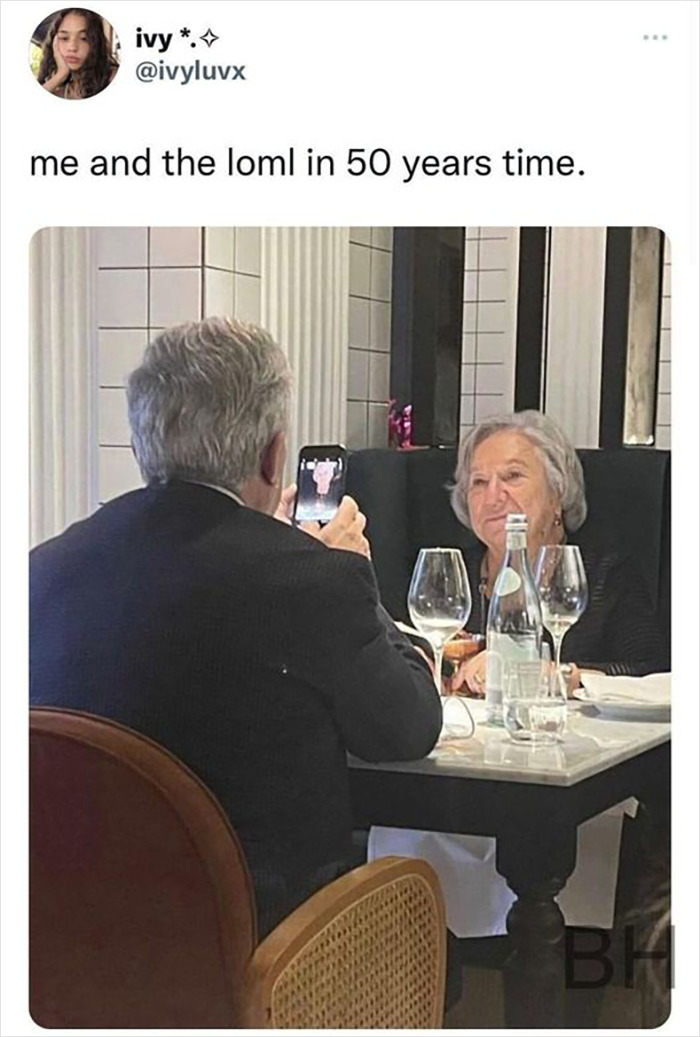 Elderly couple dining, man takes a photo of woman; humorous boyfriend meme.