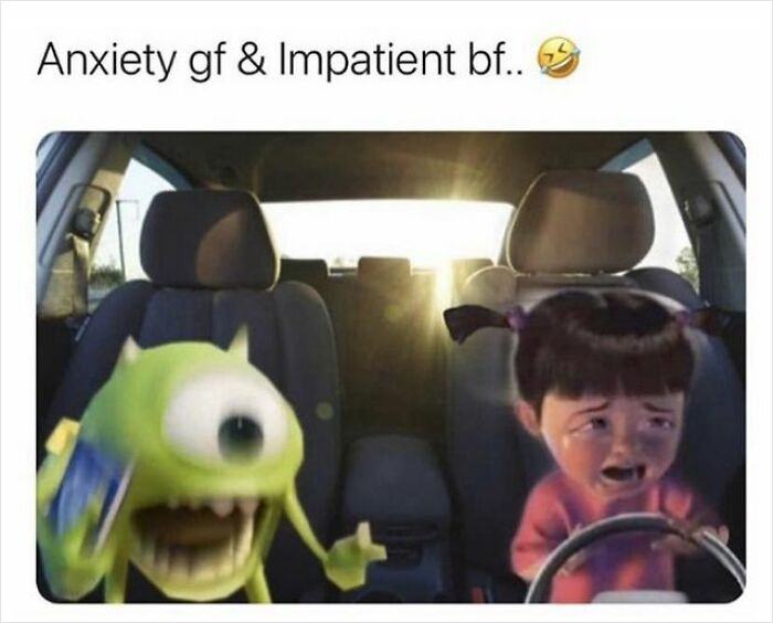Anxiety girlfriend and impatient boyfriend meme in a car, highlighting life with a boyfriend humor.