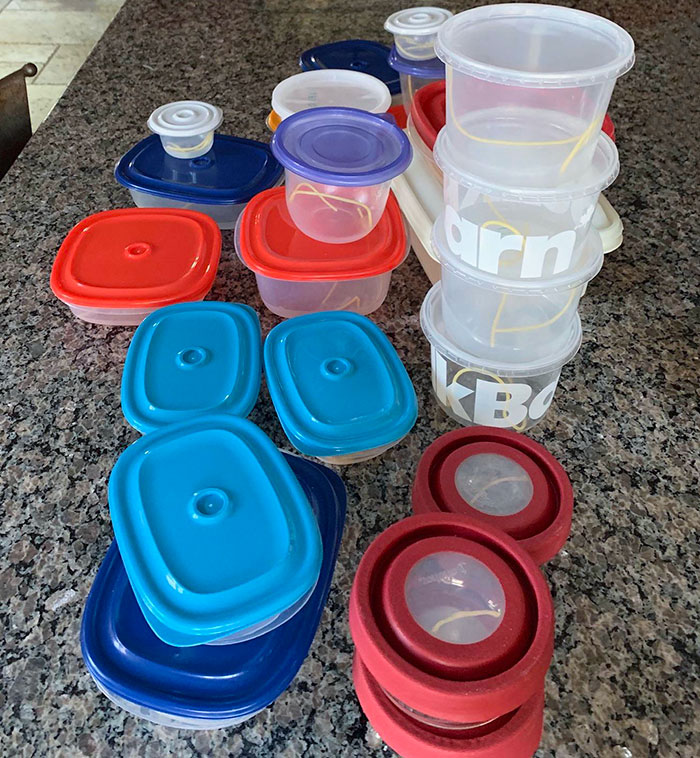 My Husband Hates When There Are Small Quantities Of Leftovers In The Fridge. My Son Pranked Him For April Fools By Filling 22 Containers, Each With One Strand Of Spaghetti