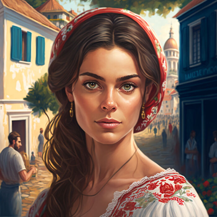 Portuguese woman wearing red shawl