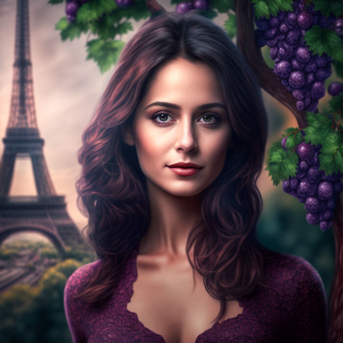 French woman with black hair wearing purple dress 