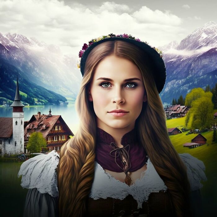 Austrian woman wearing hat with flowers 