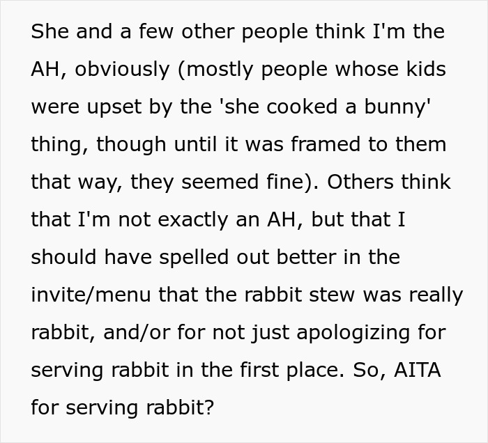Woman Serves Rabbit Stew For Themed Party, Guests Flip Out After Realizing It Contains Actual Rabbit Meat