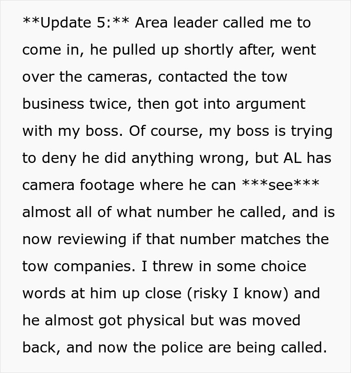 Entitled Boss Gets Placed On Leave After Wrongfully Towing Employee's Car For Parking In 'His Spot'
