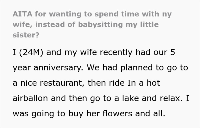 Man Asks If He&rsquo;s A Jerk For Wanting To Celebrate His Wedding Anniversary With His Wife Instead Of Babysitting His Sister