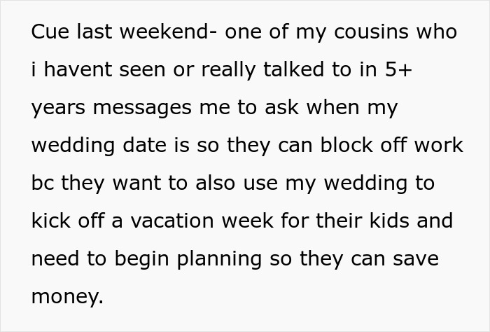 Bride-To-Be Left Is Speechless After Cousin Sends Through A List Of Wedding Demands Before She’s Even Been Officially Invited Bride-To-Be Left Is Speechless After Cousin Sends Through A List Of Wedding Demands Before She’s Even Been Officially Invited