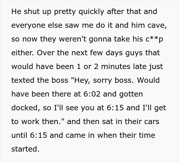 Boss, Tired Of People Not Coming In At 6 AM Sharp, Decides To Punish Them By Docking 15 Mins, But It Quickly Comes Back To Bite Him