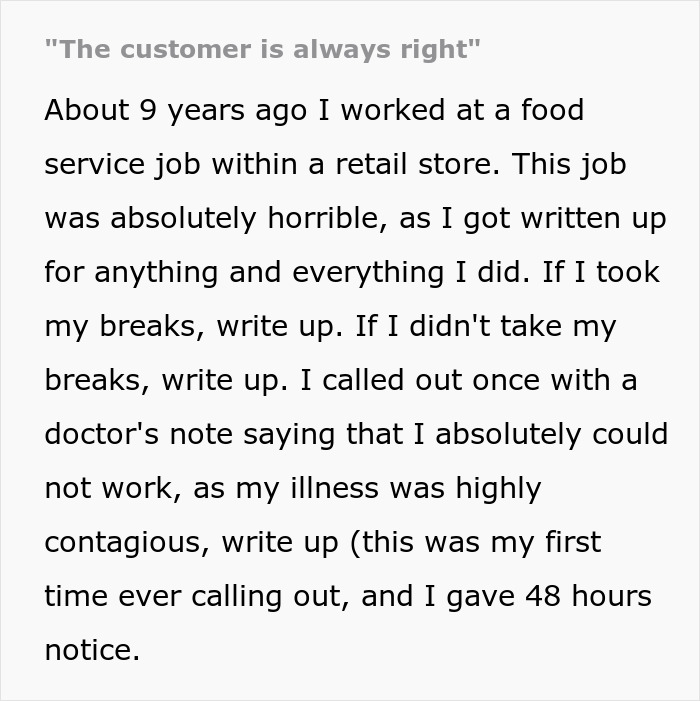 Employee Follows The "Customer Is Always Right" Rule Literally After Being Written Up, The Boss Pays With His Job Employee Follows The "Customer Is Always Right" Rule Literally After Being Written Up, The Boss Pays With His Job