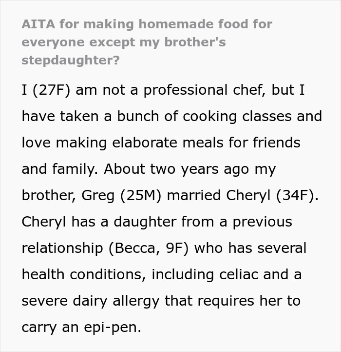 Woman Asks &ldquo;[Am I The Jerk] For Making Homemade Food For Everyone Except My Brother's Stepdaughter?&rdquo;