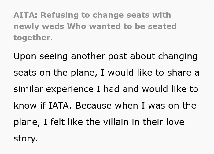Entitled Newlyweds Are Upset Fellow Plane Traveler Refused To Accommodate For Their Lack Of Foresight When Booking Plane Seats