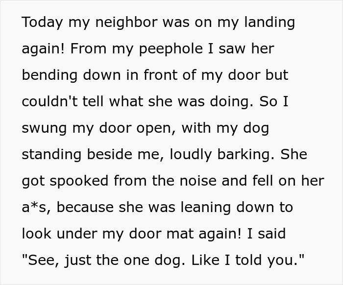 Woman Is Annoyed Her Neighbor Comes To Her Landing And Lurks, So She Swings Open The Door, Frightening Her And Causing Her To Fall